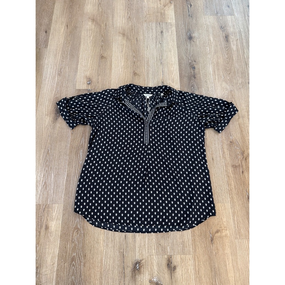 Max Studio Minimalist Polka Dot Split Neck Blouse Women L Black Beige NEW Chic